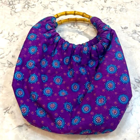 Handbags - Purple and Teal Bohemian Floral Shoulder Bag with Wooden Handles